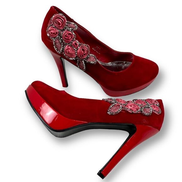 Lucita Shoes - Lucita red faux suede platform heels with roses and gems on sides size 8.5